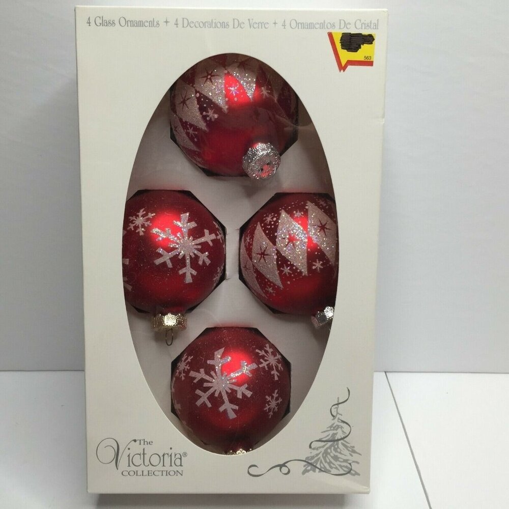 The Victoria Collection 4 Glass Red Ball Christmas Tree Ornaments Glitter Snow